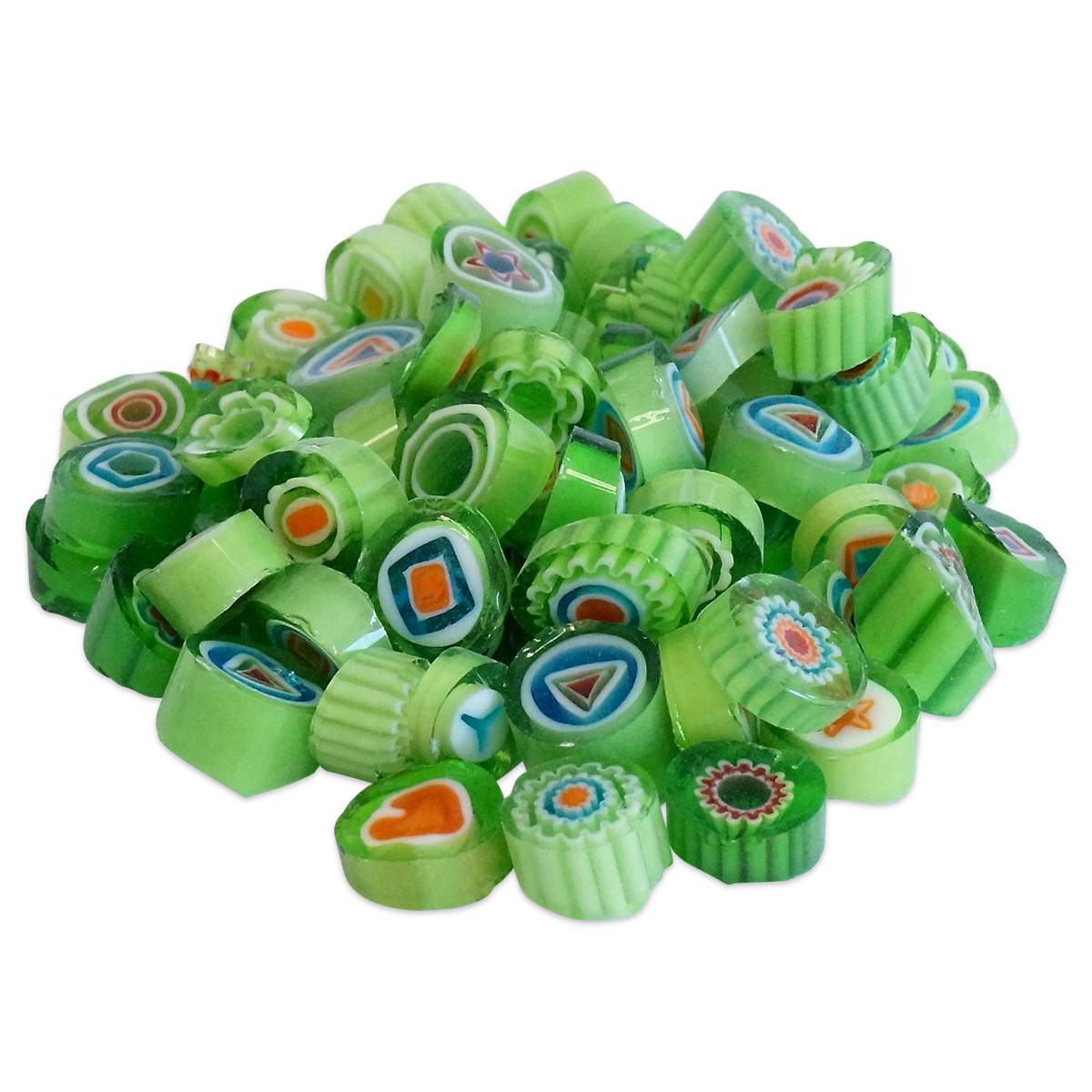 Glasmosaik Millefiori Ø ca. 9-10mm 100g grün mix Glasmosaik Millefiori Ø ca. 9-10mm 100g grün mix
