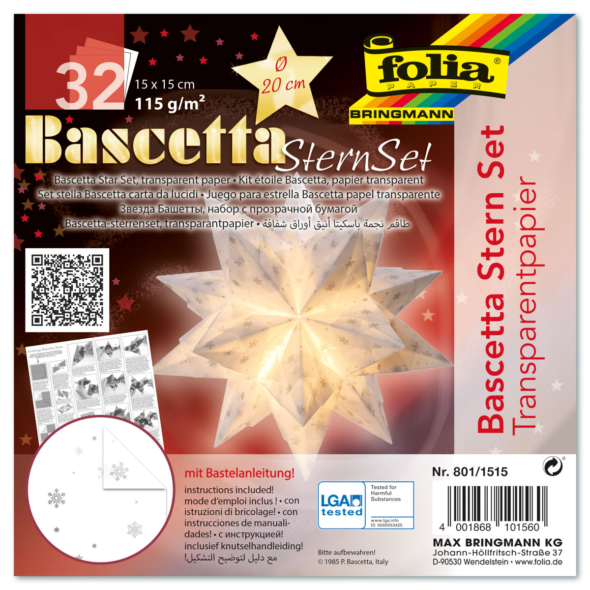 Bascetta-Stern ca. Ø 20cm 32 Bl. weiß/silberne Schneeflocken