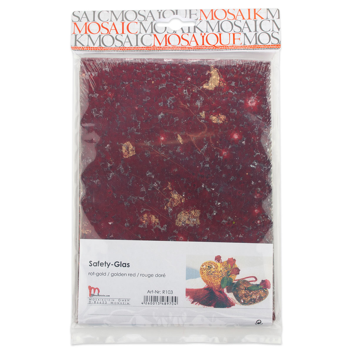 Safety-Glasplatte ca. 3mm 15x20cm rot-goldfarben