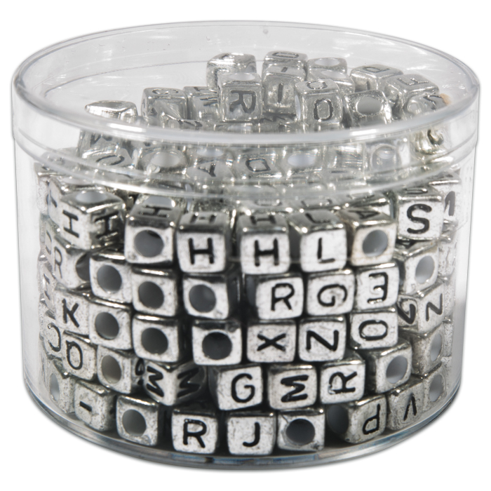 Buchstaben-Perlen Würfel 6mm 50g silberfarben-schwarz