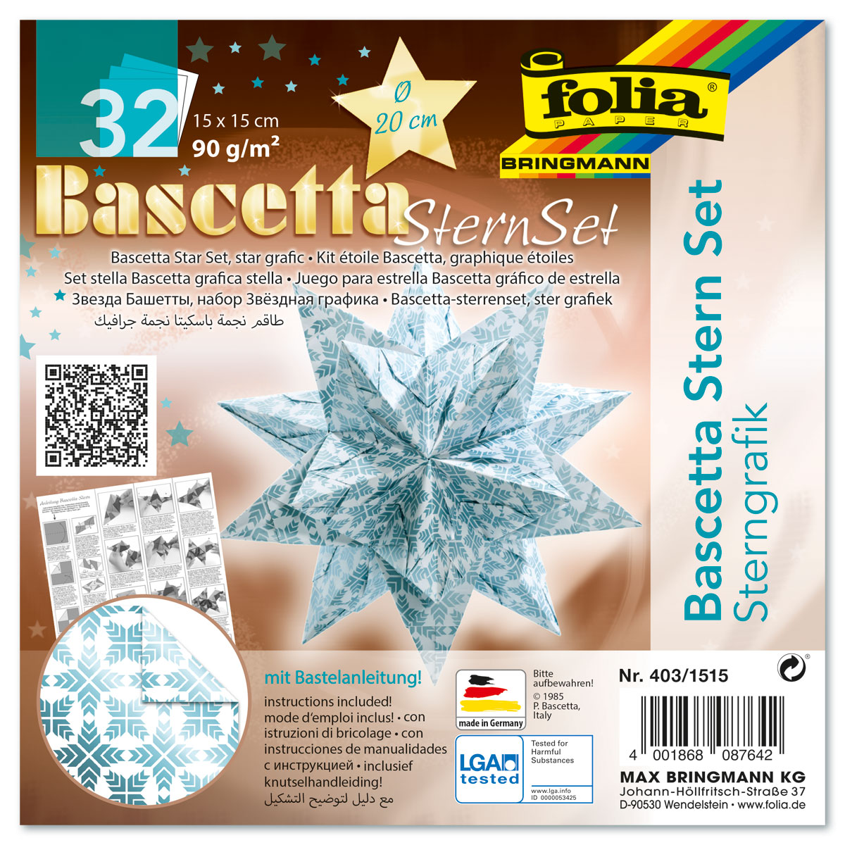 Bascetta-Stern ca. Ø 20cm 32 Bl. weiß/eisblau Sternengrafik