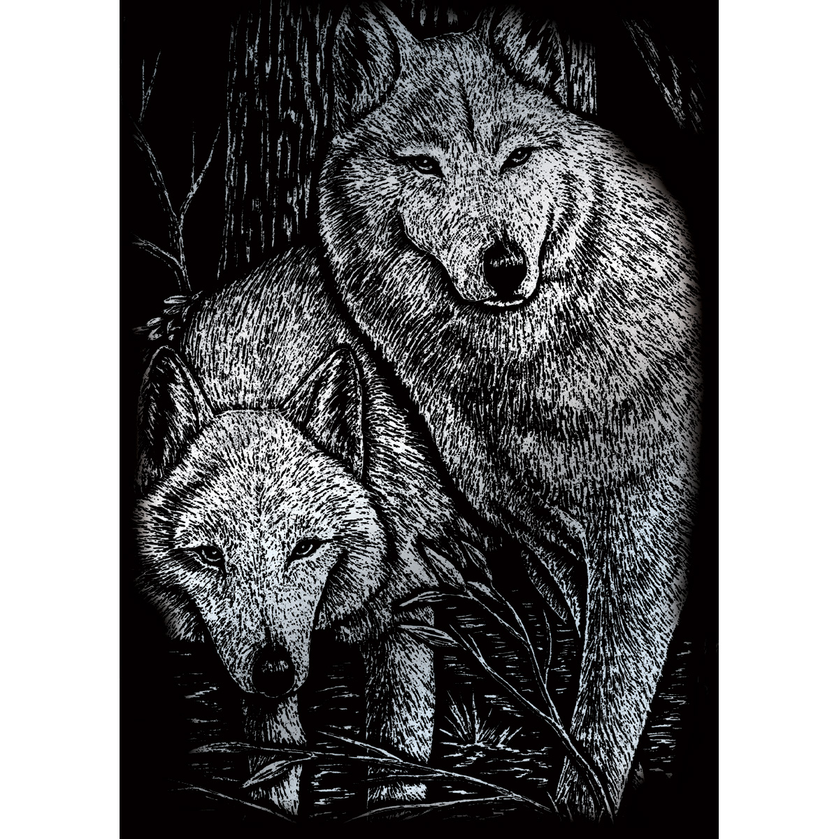 Kratzbild silber 12,7x17,8cm Zwei Wölfe