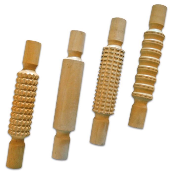 Knetrollen Holz 4 Designs 21x3,5cm 4er-Set natur