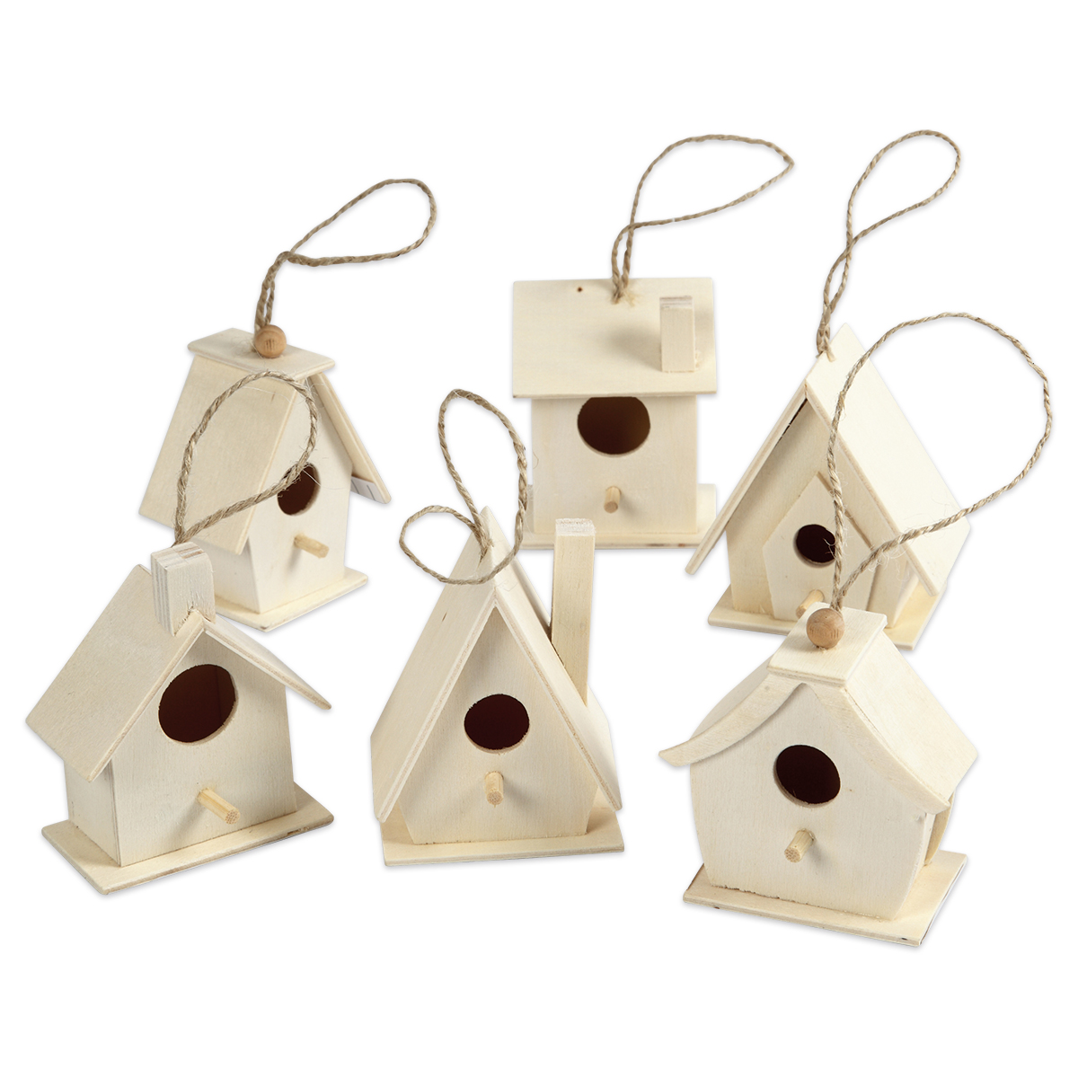 Vogelhäuschen Holz mit Aufhängeband 7cm 6er-Set