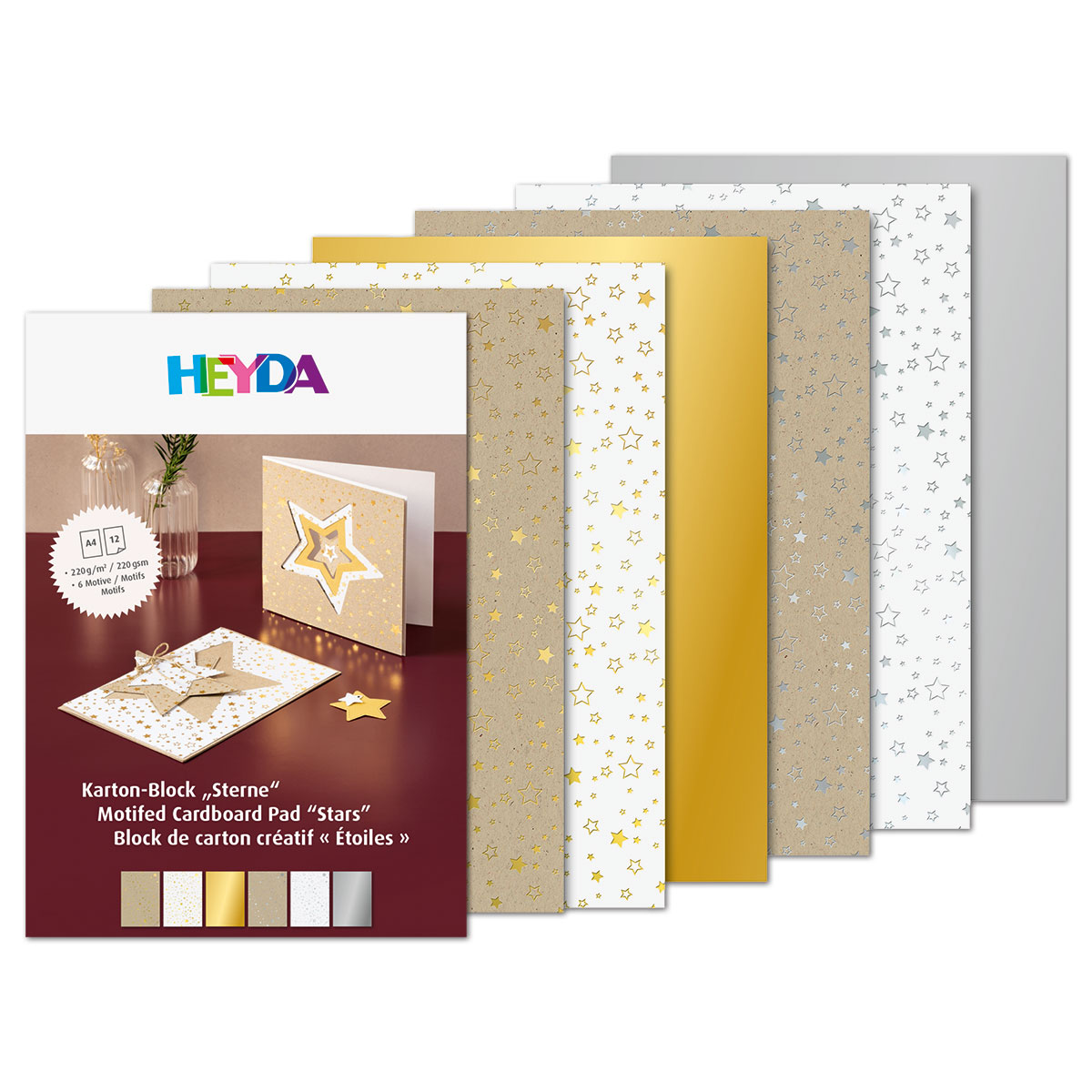 Naturkarton-Block A4 Sterne silber/gold