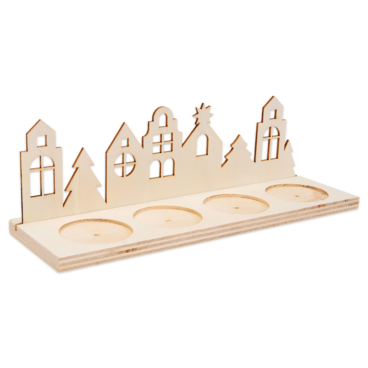 Teelichthalter Advents-Stadt Holz 4mm ca. 22x6,6x7cm natur