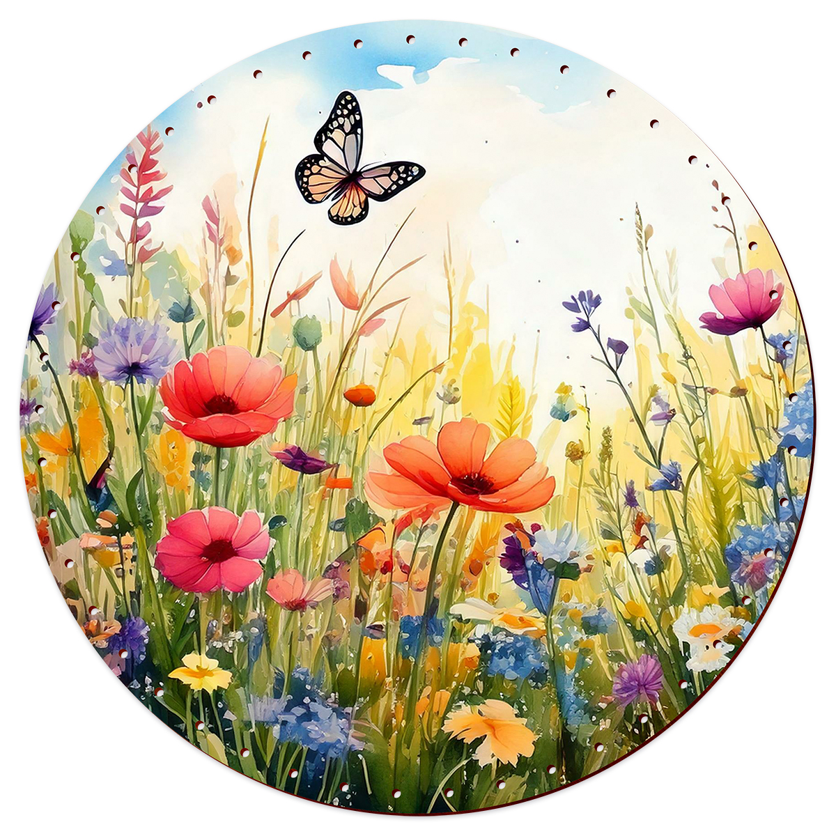 Korbflechtboden Holz 3mm Ø ca. 26cm rund Blumenwiese mit Schmetterling