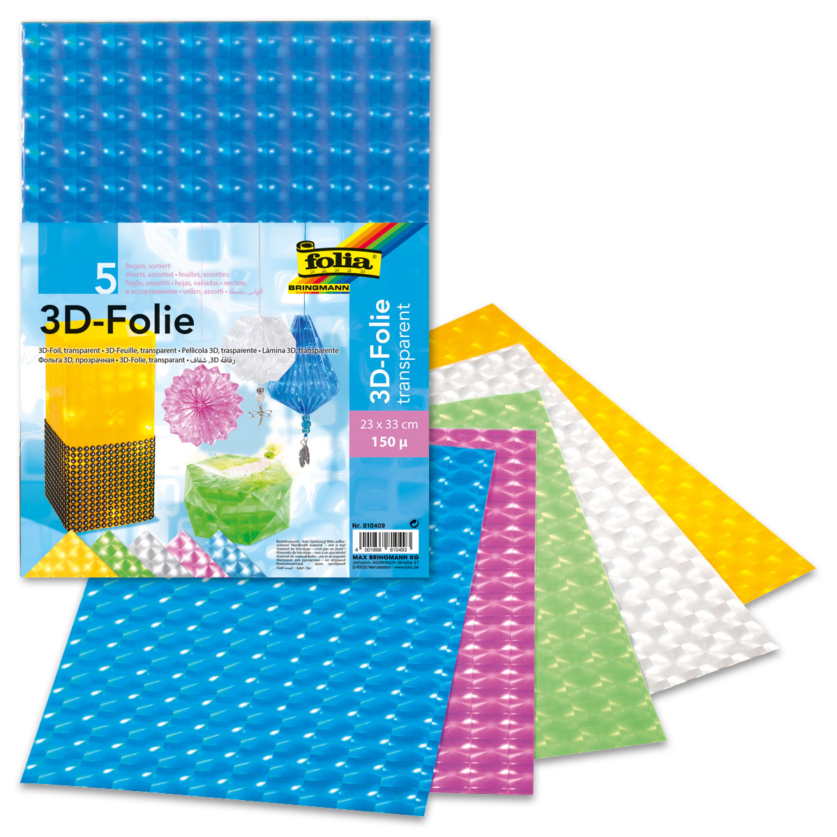 3D-Folie transparent 150µ 23x33cm 5 Bl./Farben