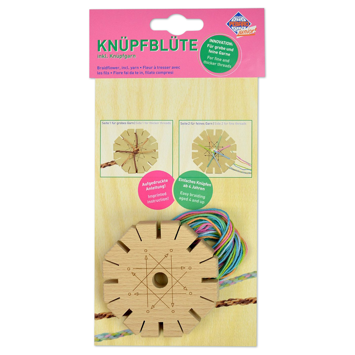 Knüpfblüte Ø 8cm Holz inkl. 7 farbige Garne à 1m