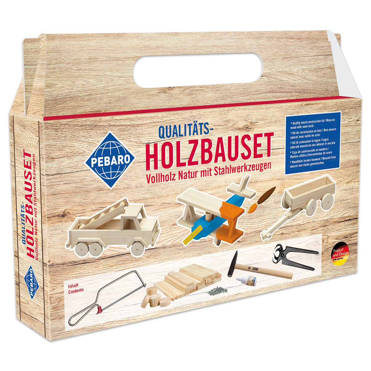 Holzbauset Vollholz Natur mit Stahlwerkzeug