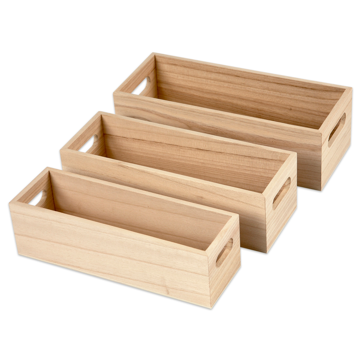 Holzkisten mit ausgesägten Griffen 3er-Set natur