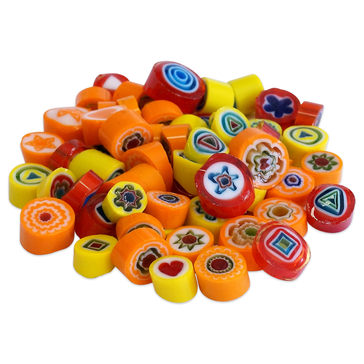 Glasmosaik Millefiori Ø ca. 9-10mm 100g gelb-rot mix