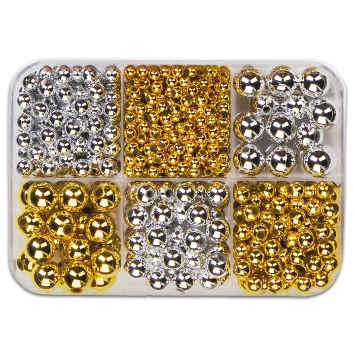 Metallicperlen-Box ca. 4-10mm ca. 90g gold-silberf.