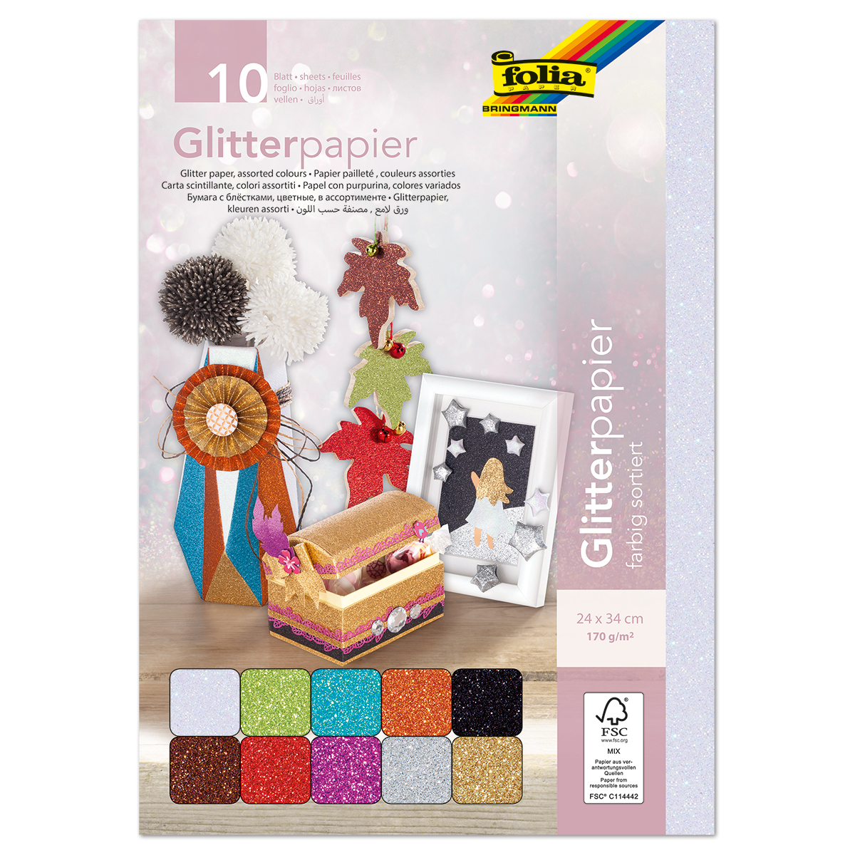 Glitterpapier einseitig 24x34cm 10 Bl./Farben
