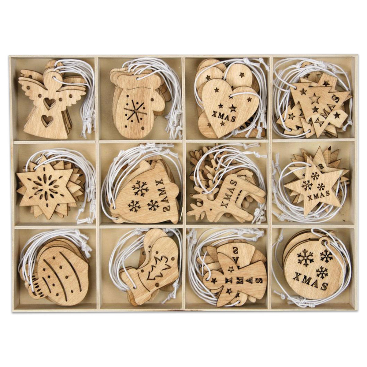 Holzhänger X-Mas-Box II  ca. 5x5cm 12 Motive/96 St. natur