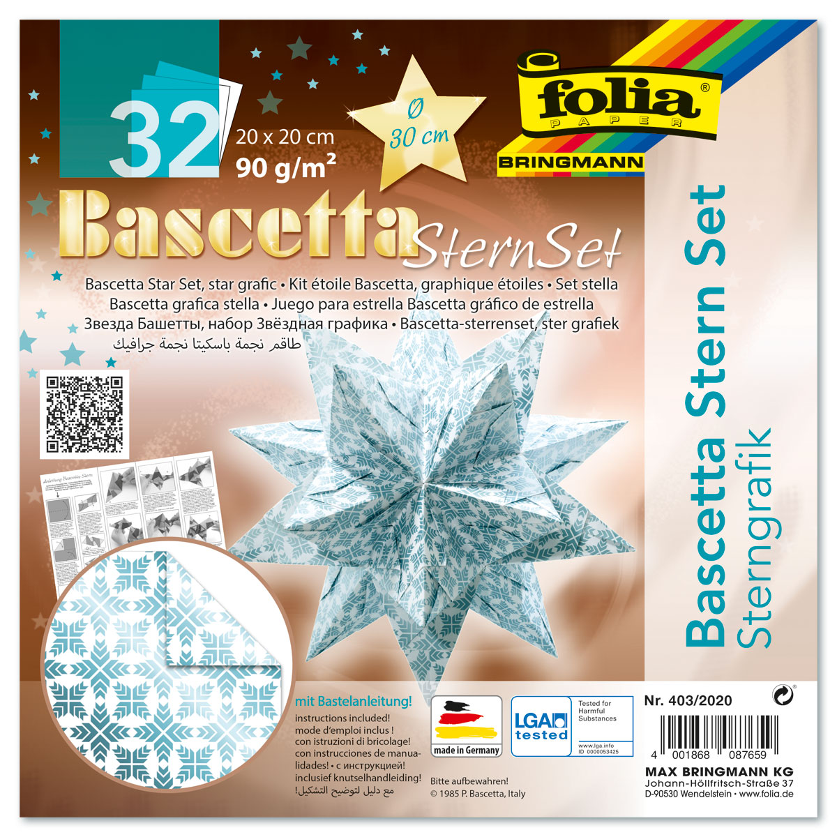 Bascetta-Stern ca. Ø 30cm 32 Bl. weiß/eisblau Sternengrafik