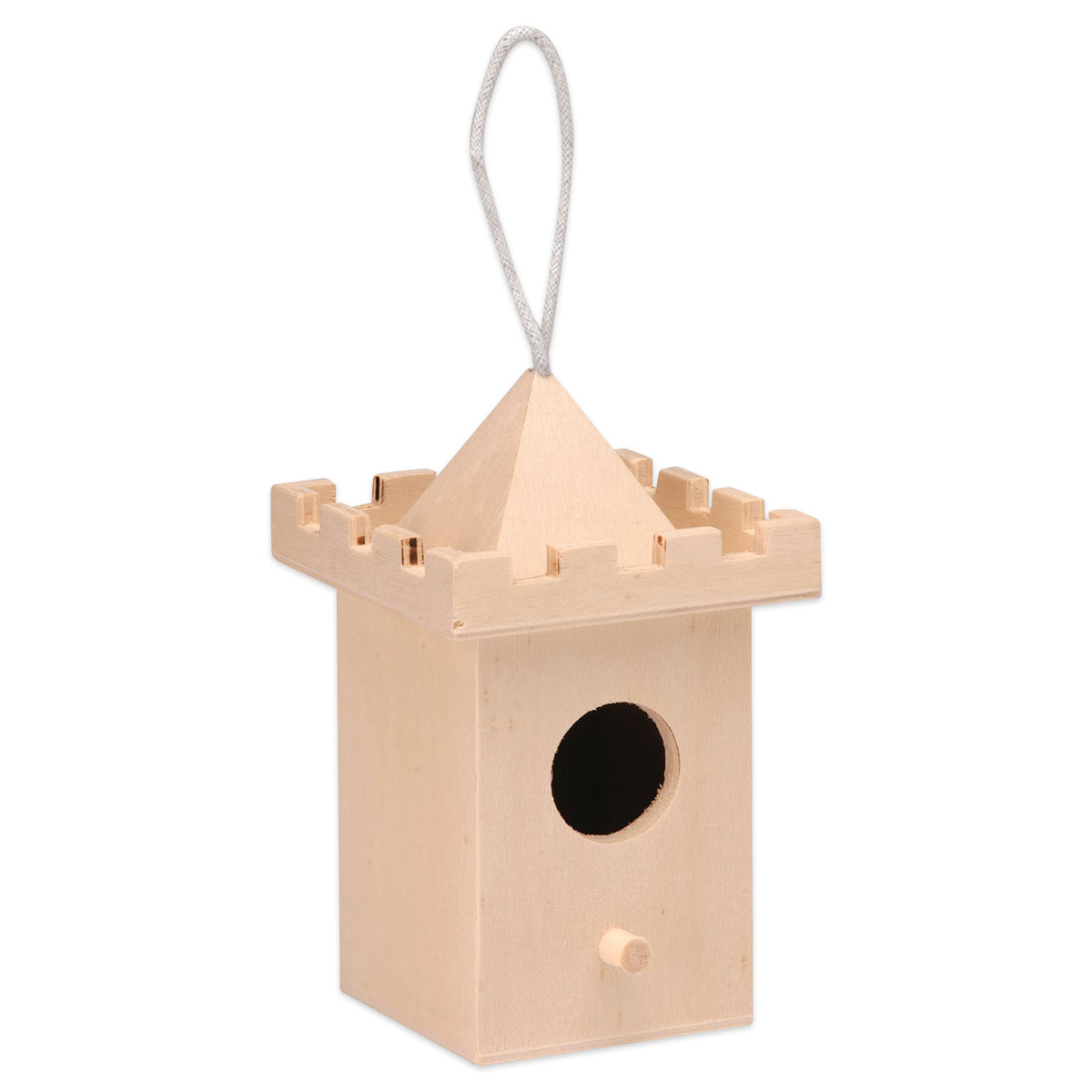 Vogelhaus Turm Holz mit Aufhängeband 8x8x13cm natur