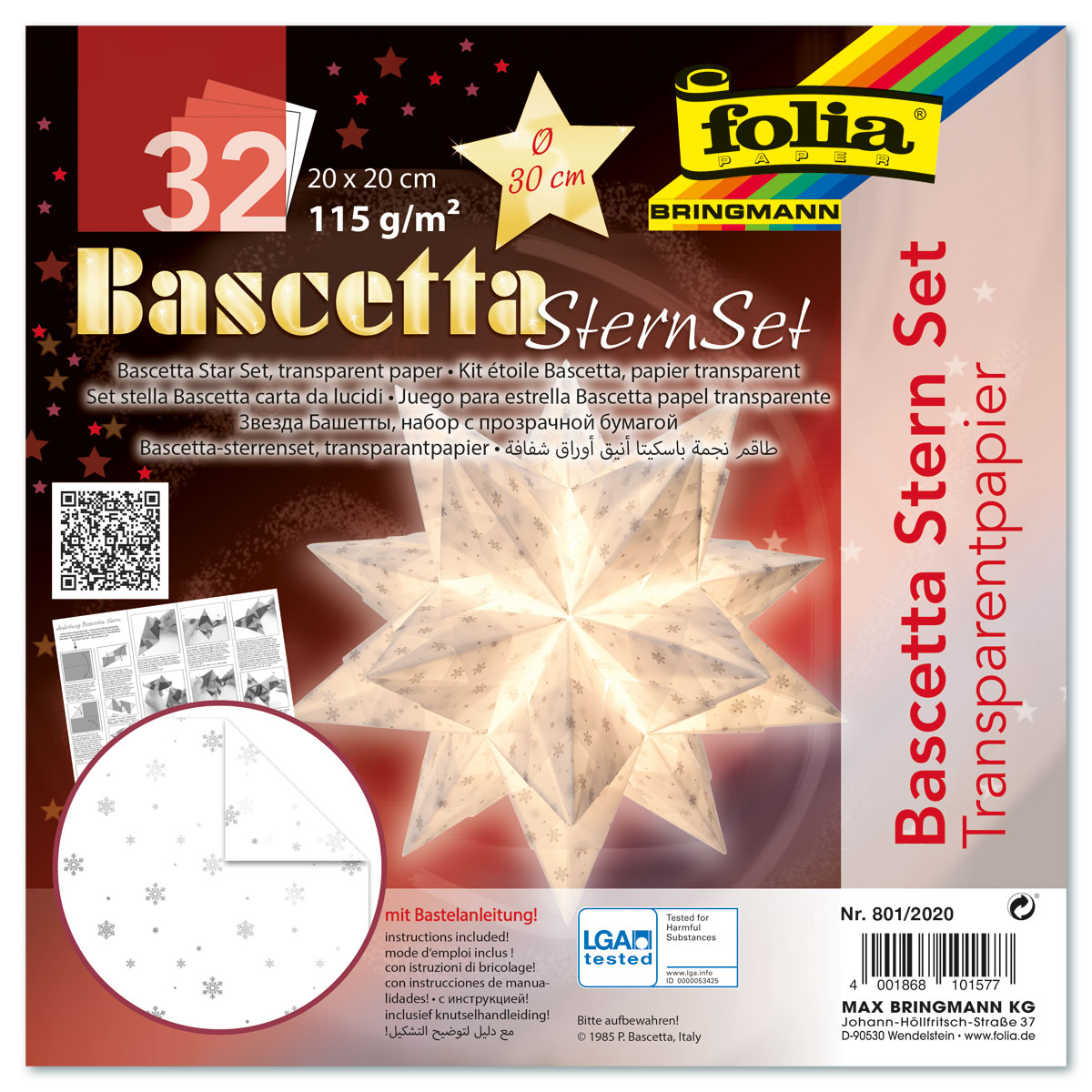 Bascetta-Stern ca. Ø 30cm 32 Bl. weiß/silberne Schneeflocken
