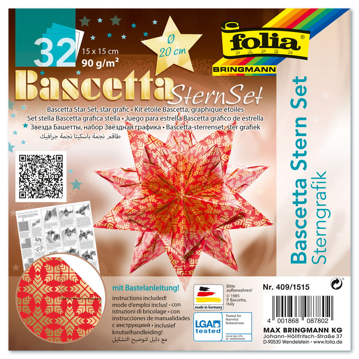 Bascetta-Stern ca. Ø 20cm 32 Bl. rot/gold Sternengrafik