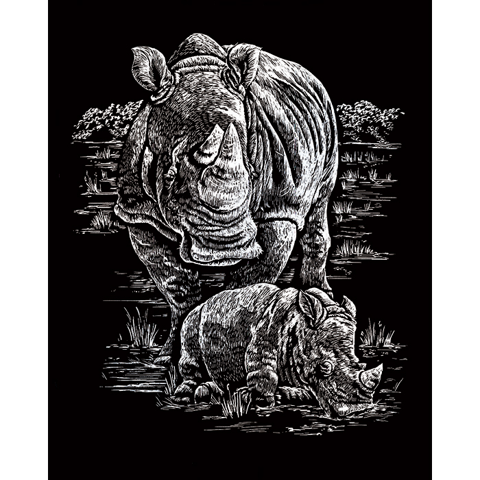 Kratzbild silber 20,3x25,4cm Nashorn&Babys