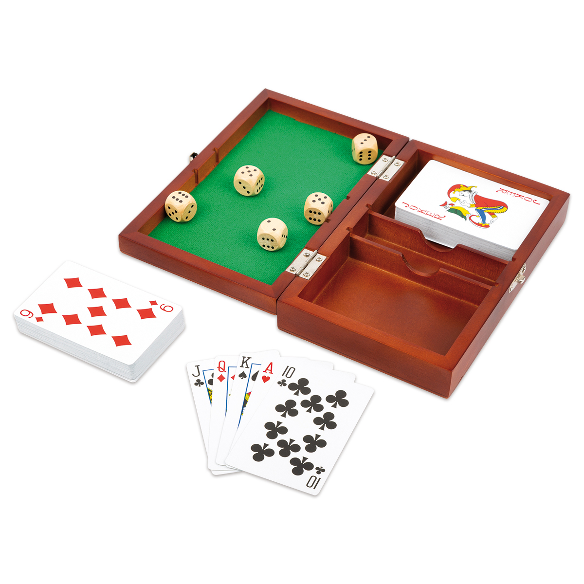 Spielebox Holz ca. 19x12x4cm Karten & Würfel 113-teilig