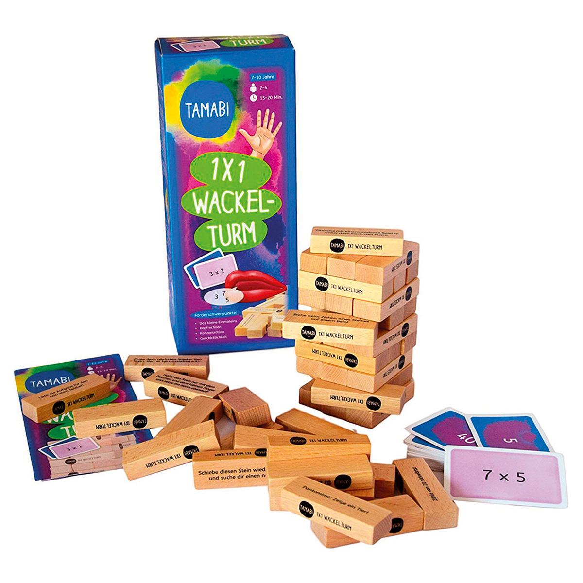 Spiel - Tamabi 1x1 Wackelturm aus Holz & Papierspielkarten